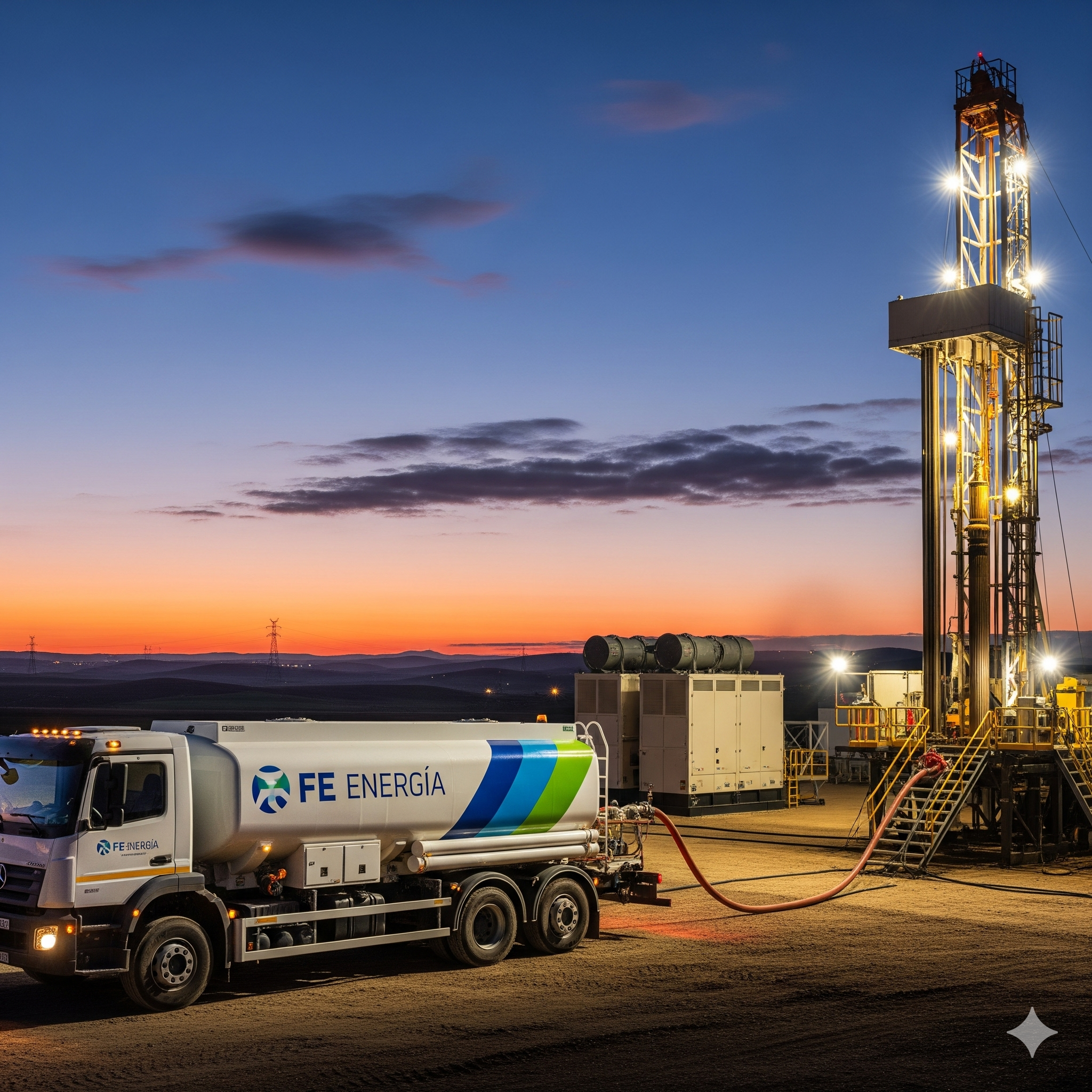 Camión cisterna de FE Energía suministrando diésel en un sitio de perforación al atardecer, destacando soluciones energéticas para proyectos estratégicos.